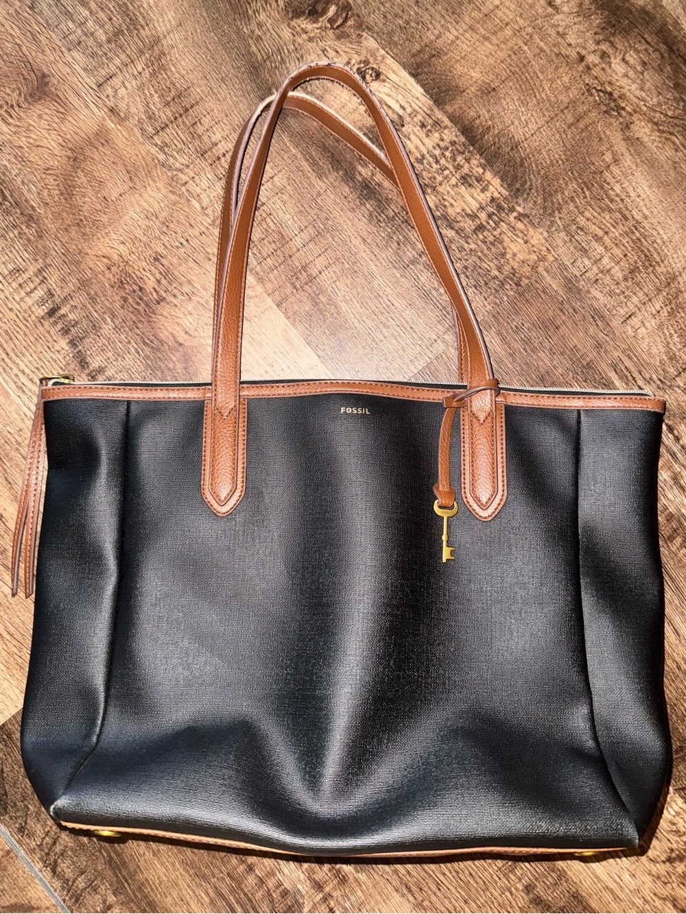 Fossil Black Tote with Brown Trim and Key Charm